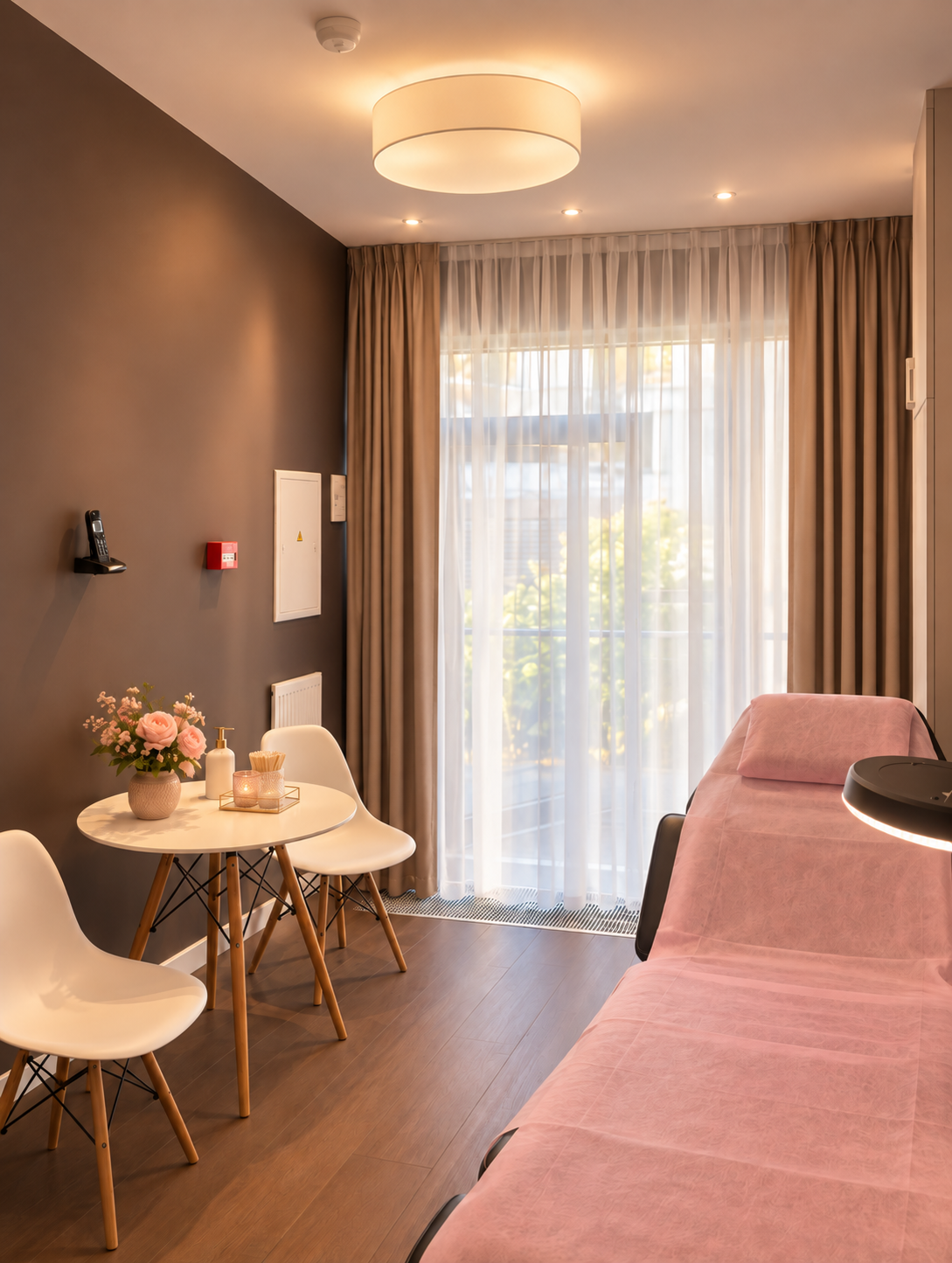 Wax Studio Jūrmala procedūru kabinets ar kušeti un gaišiem aizkariem